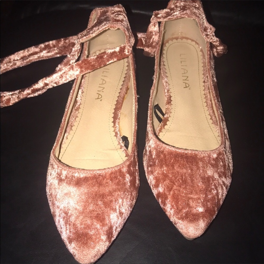 Liliana Pink Velour Lace Up Ballet Flats